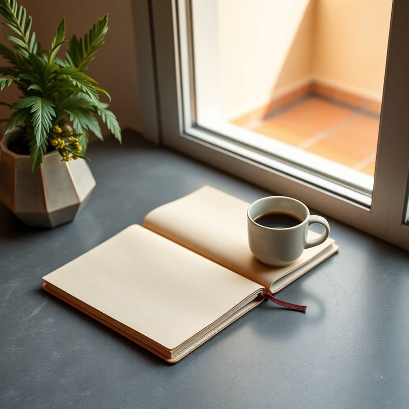 Cuaderno de lino abierto y taza de café junto a una ventana