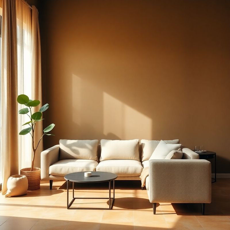 Salón español minimalista con sofá apoyado en pared sólida y planta en la esquina