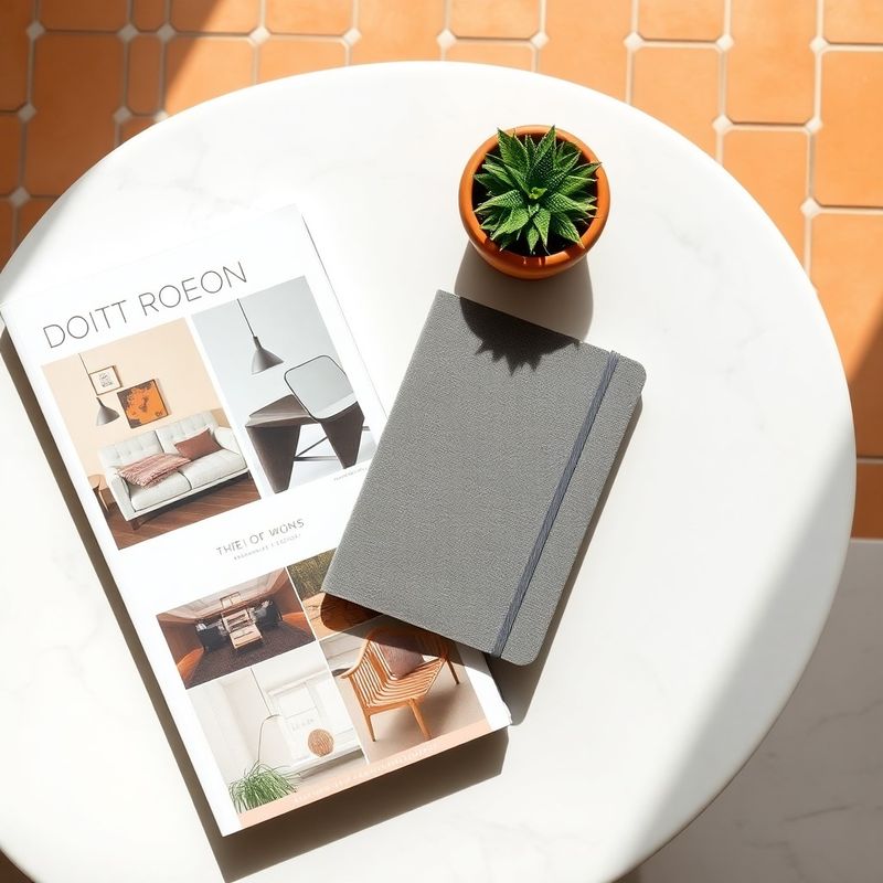 Libros de interiorismo y planta sobre superficie de mármol