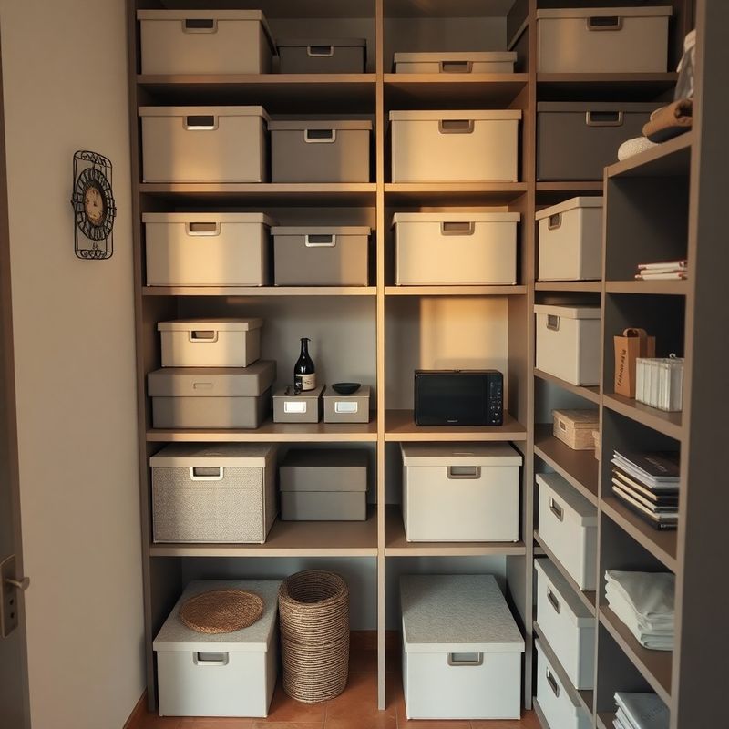 Habitación pequeña en Bilbao organizada con cajas de almacenamiento en tonos grises y crema
